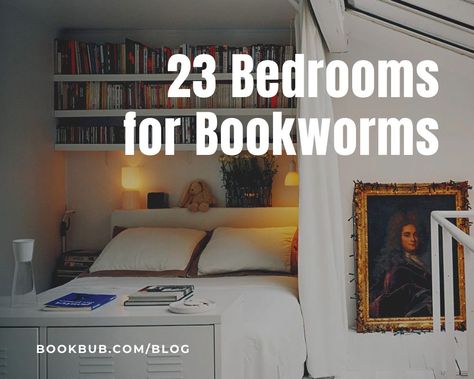 The ultimate bedroom setups for bookworms. Full of decorating inspiration! #books #decorating #bedroom Room For Book Lovers, Library Bedroom Master Suite, Cozy Bedroom With Books, Bedroom For Readers, Library Themed Bedroom, Book Lover Bedroom, Bedroom Book Storage, Bedroom With Bookshelves, Bedroom Library Ideas