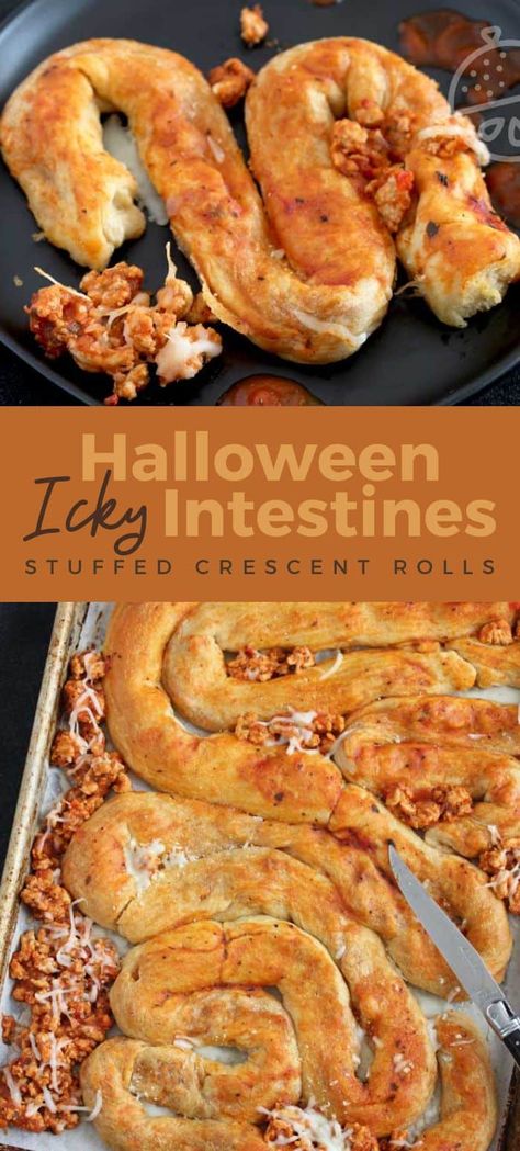 These Stuffed Crescent Rolls got a spooky makeover right in time for your next Halloween dinner party! These Halloween Icky Intestines are insanely tasty and ghoulishly fun! Filled with turkey, marinara and cheese. They taste a lot like pizza which makes them kid-friendly and a crowd pleaser. #halloween #dinner #creepy #party #easy #recipe #foracrowd Halloween Food Main Dish, Pillsbury Halloween Recipes, Scary Movie Snack Ideas, Halloween Garlic Knots, Spooky Main Dishes For Halloween, Spooky Halloween Dinner For Kids, Sausage Halloween Food, Easy Savory Halloween Snacks, Halloween Party Entree Ideas