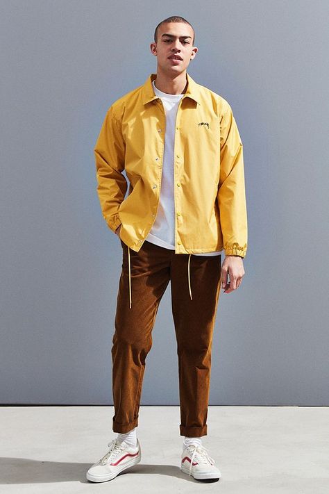 Slide View: 6: Stussy Cruize Coach Jacket Ootd Coach Jacket, Mens Yellow Outfit, Yellow Shirt Outfit Men Casual, Coaches Jacket Outfit, Yellow Jacket Outfit Men, Uniqlo Jacket Outfit, Coach Jacket Outfit Men, Coach Jacket Outfit, Outfit Sobrecamisa