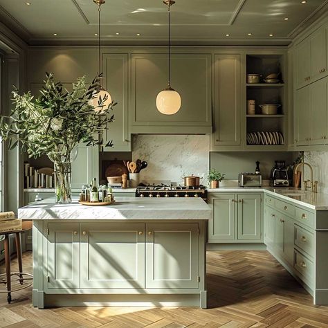 24 Beautiful Sage Green Kitchens You'll Want to Replicate • 333+ Art Images Green Kitchen Aesthetic Modern, Sage Green Kitchen Quartz Worktop, Pale Sage Kitchen, Kitchen Interior Sage Green, Pale Green Kitchen Ideas, Olive Colour Kitchen, Small Sage Kitchen, Sage Green Galley Kitchen, Sage Green Cabinets Kitchen Paint Colors