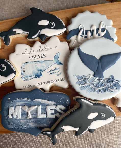 Whale whale whale look whos turning one. First birthday decorated sugar cookies Whale Party Theme, Whale First Birthday Boy, Ocean Decorated Cookies, Orca Birthday Party, Whale Themed Birthday Party, Whale Cookies Decorated, Orca Themed Birthday Party, Whale Theme Birthday Party, Whale Birthday Theme