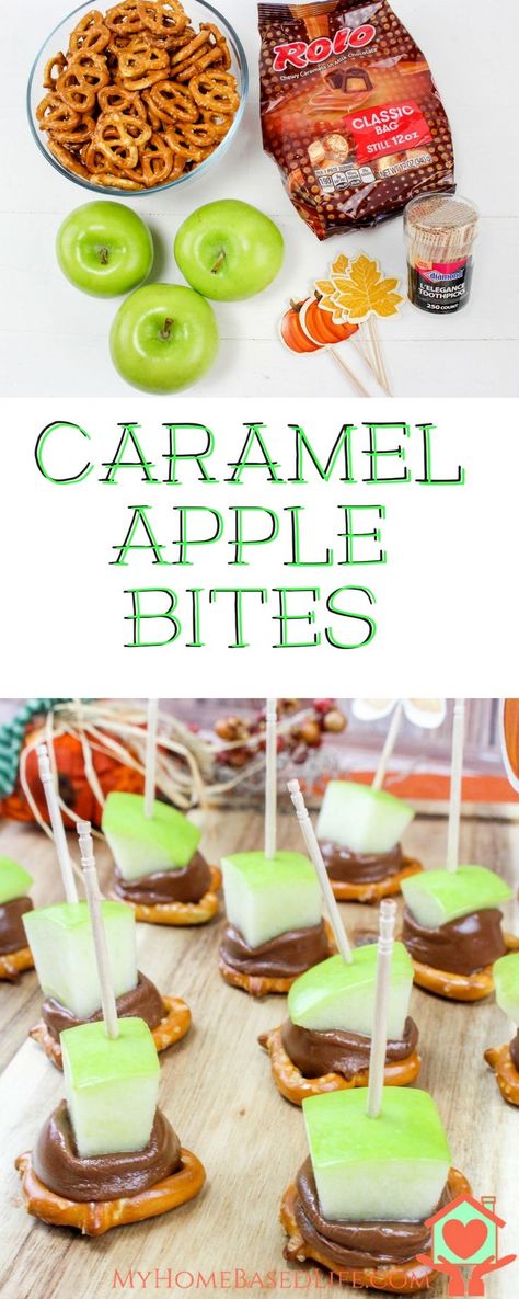 Caramel Apple Bites | Apple Recipes for Kids | via @myhomebasedlife Apple Recipes For Kids, Apple Bites Recipe, Caramel Apple Bites, Caramel Apple Desserts, Apple Bites, Apple Treats, Tailgate Ideas, Mini Caramel Apples, Weight Watcher Desserts