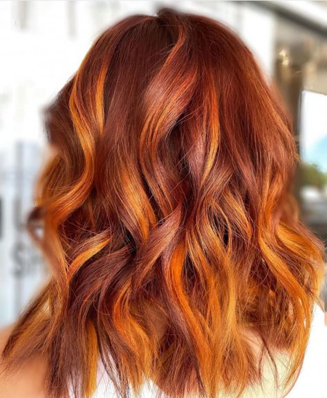 Brown Hair With Orange, Copper Orange Hair, Fire Hair Color, Orange Hair Color, Long Hairstyle Ideas, Hair Color Orange, Orange Highlights, Fire Hair, Bright Red Hair