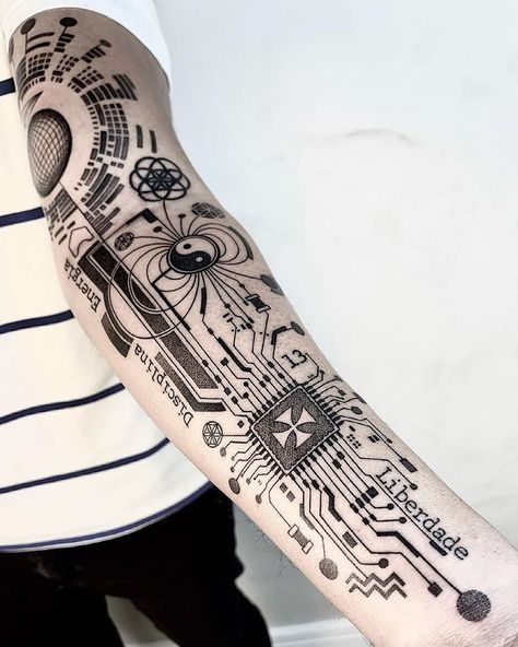 Cyberpunk Tattoos, Computer Tattoo, Circuit Tattoo, Owl Feather Tattoos, Electronic Tattoo, Tech Tattoo, Cyberpunk Tattoo, Biomechanical Tattoo, Muster Tattoos