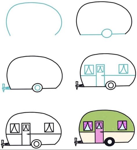 How To Draw A Caravan Step By Step, Camper Drawing Simple, Camper Rock Painting, Camping Drawing Illustrations, Camper Drawing, Camping Drawing, Mini Caravan, Camper Art, Sketch Note