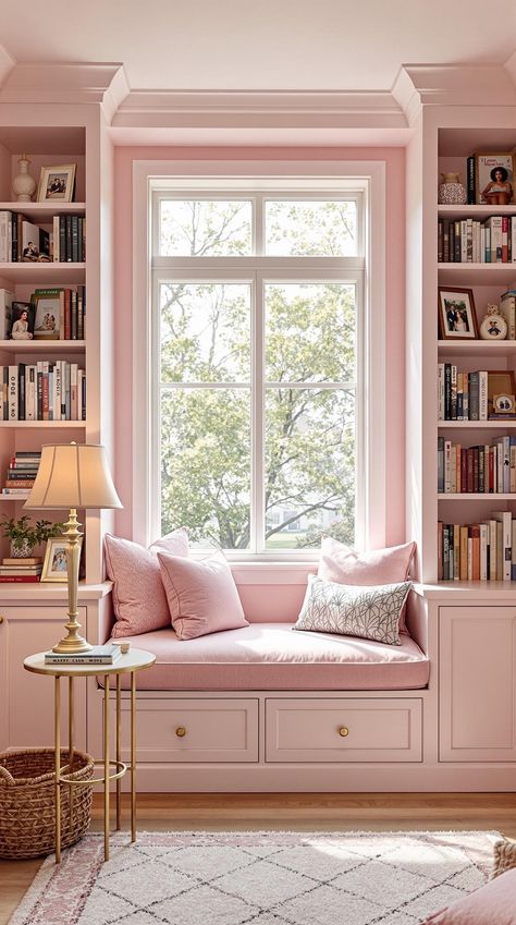 Pink Room Decor Cozy Pink Aesthetic, Pink Apartment Aesthetic, Pink Room Decor Ideas, Pink Home Offices, Pink Dining Rooms, Nook Inspiration, Pink Accent Walls, Loft Designs, Cushions And Throws