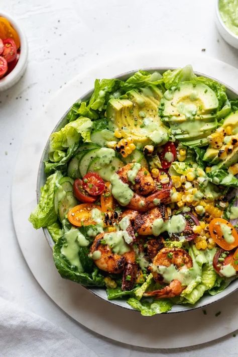 Corn Salad With Avocado, Creamy Avocado Ranch Dressing, Dressing Vinaigrette, Seafood Salads, Salad Shrimp, Avocado Ranch Dressing, Grilled Corn Salad, Blackened Shrimp, Amazing Meals