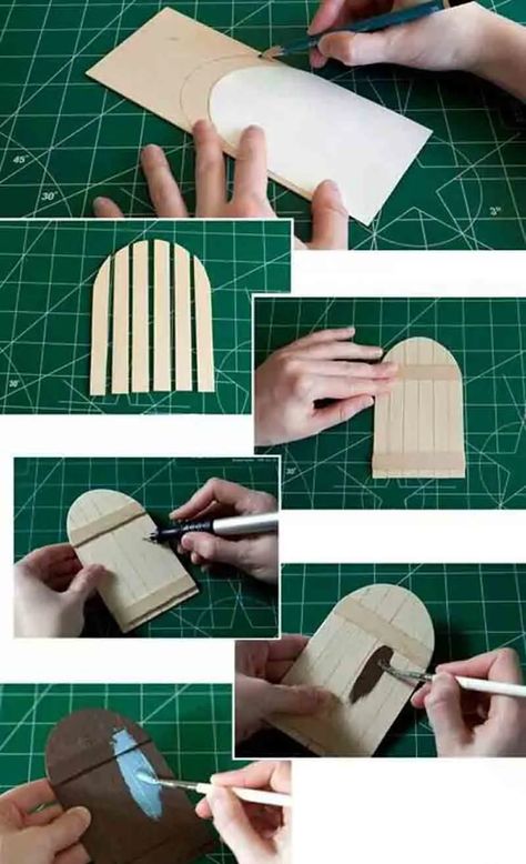 25 DIY Fairy Door Ideas from Popsicle or Wooden Craft Sticks & Rocks Diy Fairy Door, Tre Kunst, Wooden Craft Sticks, Fairy Tree Houses, Fairy House Diy, Fairy Garden Crafts, Fairy Garden Designs, Fairy Furniture, Fairy Tree