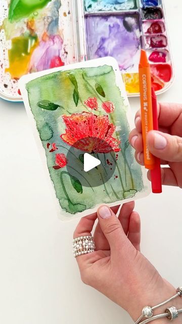 Anna Koliadych on Instagram: "Quick and fun poppies painting: watercolor with wax crayons, using the resist watercolor technique. Give it a try! 🥰❤️ #watercolor #watercolortutorial #crafts #diy #watercolorillustration #watercolorinspiration #artprocess" Crayons Artwork, Poppies Painting, Wax Crayons, Wax Painting, Poppy Painting, Watercolor Inspiration, Watercolour Tutorials, Water Painting, Process Art