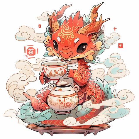 Chinese dragon drinking tea Chinese zodiac sign Cool Dragon Drawings, Chinese Dragon Drawing, Tea Chinese, Chinese Zodiac Dragon, Cute Dog Cartoon, Snake Illustration, Dragon Zodiac, Dragon Chino, Dragon Tea