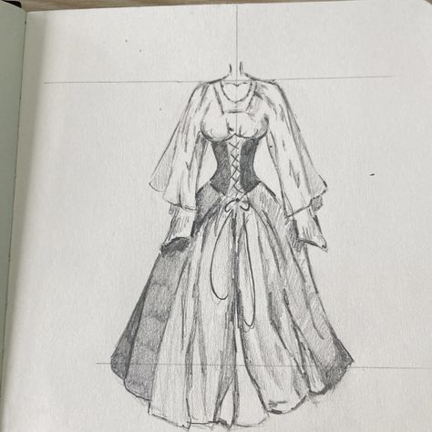 How To Draw Victorian Dresses, Flower Dresses Drawing, Old Clothes Drawing, Gown Drawing Reference, Victorian Dress Drawing Reference, Old Dresses Drawing, Winter Dress Drawing, Corset Dress Drawing, Princess Dress Drawing Sketches