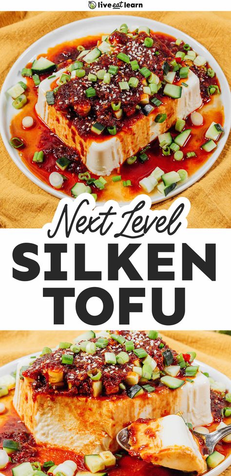 With tangy ginger and toasted sesame oil, this silken tofu recipe with spicy soy sauce is an easy show-stopping vegetarian meal! The sauce comes together quickly and the tofu doesn't require cooking so it's ready to eat in less than 5 minutes. Spicy Soy Sauce, Firm Tofu Recipes, Silken Tofu Recipes, Tofu Recipes Healthy, Tofu Sauce, Toasted Sesame Oil, Healthy Vegetarian Dinner, Tofu Recipe, Silken Tofu