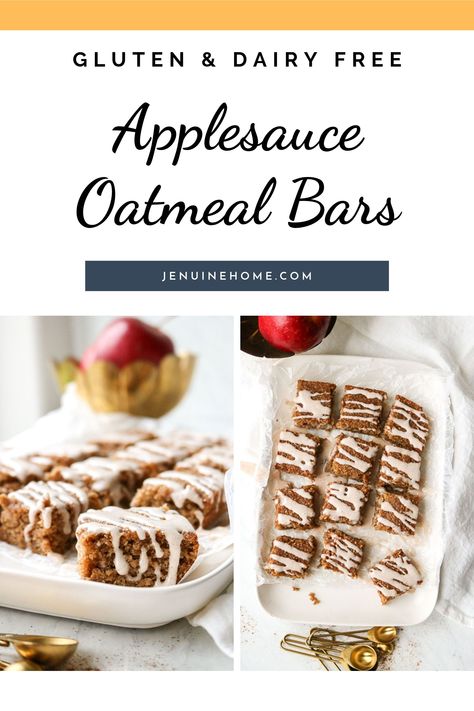 Gluten free dairy free Applesauce Oatmeal Bars with pumpkin spice glaze. So easy and delicious to make. Perfect fall after school treat! #oatmeal #oatmealbars #glutenfreerecipes #dairyfreerecipes #glutenfreetreats #glutenfreedessert #dairyfreetreats #dairyfreedessert #afterschooltreat #applesauce #pumpkinspice #jenuinehome #glutenfreetoddler #fallglutenfreedessert #glutenfreerecipesdessert #lactosefreerecipesdessert #dairyfreenutfreerecipes Applesauce Oatmeal Bars, Dairy Free Nut Free Recipes, Lactose Free Recipes Dessert, Pumpkin Spice Glaze, Dairy Free Recipes For Kids, Applesauce Oatmeal, Nut Free Granola, Gluten Free Bread Machine, Dairy Free Recipes Easy