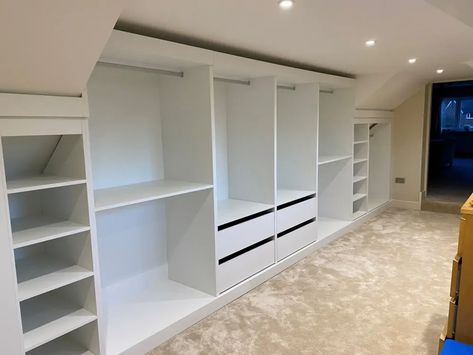 Pitched Ceiling Wardrobe, Slanted Closet Ideas, Closet With Slanted Ceiling, Ikea Built In Wardrobes, Attic Bedroom Ideas Angled Ceilings, Angled Bedroom, Slanted Ceiling Bedroom, Closet Redesign, Bungalow Conversion