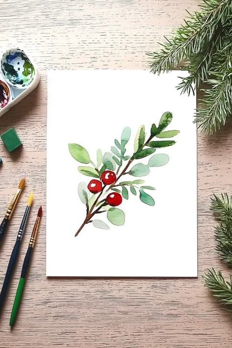 29 Winter Watercolor Painting Ideas for Beginners and Advanced Artists Cute Christmas Watercolor Paintings, Watercolor Christmas Flowers, Watercolor Christmas Art Simple, Holiday Watercolor Ideas, Watercolor Christmas Tutorial, Watercolor Painting Cards, Christmas Water Coloring Ideas, Hand Painted Christmas Cards Watercolors, Watercolor Holiday Cards Diy