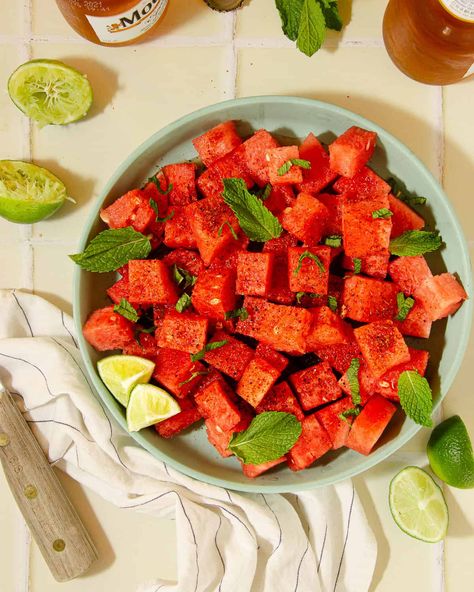 Tajin Watermelon, Mint Salad Recipes, Side Dish Salad, Watermelon Mint Salad, Light Side Dishes, Chili Lime Seasoning, Watermelon Feta Salad, Fruit Salad Easy, Mint Salad