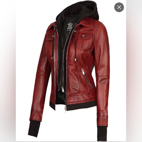 Tailored To Your Size, Genuine Leather Jacket. Maroon Leather Jacket, Mode Punk, Leather Jacket With Hood, Confident Style, Jacket With Hood, Leather Jackets Women, Look Cool, Outfit Inspirationen, Hooded Jacket