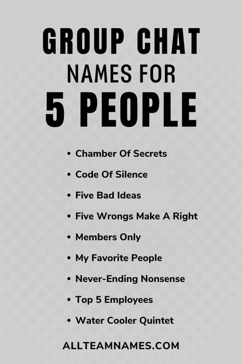 list of group chat names for 5 people like five bad ideas and top 5 employees Group Chat Pfp For 5 Friends, Group Chat Names For 5 Friends, Group Chat Names For 5, Group Chat Names, Gamer Names, Group Names Ideas, Text Message Fails, Group Names, 5 Best Friends