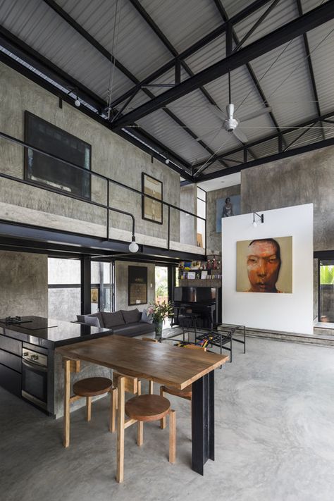 Exposed Conduit, Industrial House Exterior, Warehouse Living, Industrial Office Design, Warehouse Home, Steel Frame House, Warehouse Design, House On Stilts, House Studio