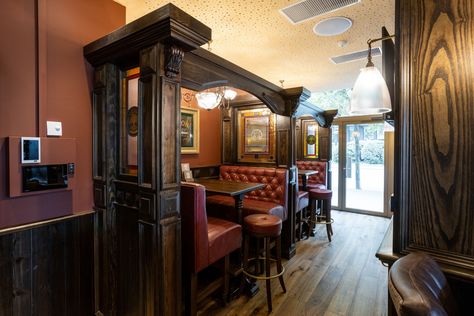 Irish Pub Design Dietikon, Switzerland | The Irish Pub Irish Pub Aesthetic, British Pub Interior, Irish Pub Basement, Pub Aesthetic, Irish Pub Design, Uk Aesthetic, Glass Signage, Pub Furniture, Pub Interior