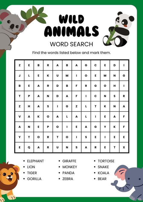 Wild Animals Green White English Word Search Worksheet - Templates by Canva Wild Animals Word Search, Word Search Preschool, English Animals Worksheet, Words Search Worksheet, Wild Animals Activities For Kids, Animals Worksheet Kindergarten, Word Search For Kindergarten, Wild Animals Worksheets For Kids, Wild Animals Preschool Activities