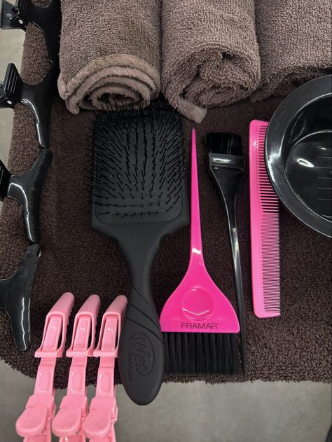 #hair #hairstylist #aesthetic #inspo #pink #tools #framar 2000s It Girl, Veronica Fisher, It Girl Party, Kevin Ball, Hairstylist Aesthetic, Hairstylist Career, Beauty School Cosmetology, Hair Salon Pictures, Hairstylist Branding