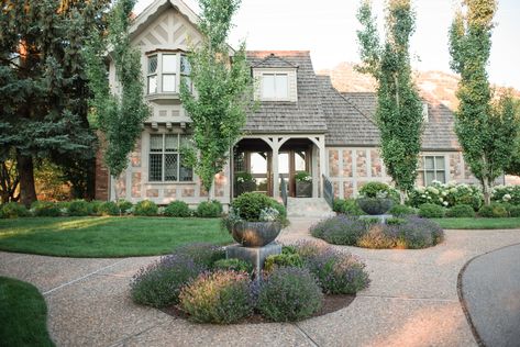 Tudor Garden Design, English Tudor Landscaping, Tudor House Landscaping, Tudor Home Landscaping, European Farmhouse Landscaping, Tudor Landscaping, Barbie In The Dream House, 1920s Tudor, Tudor Garden