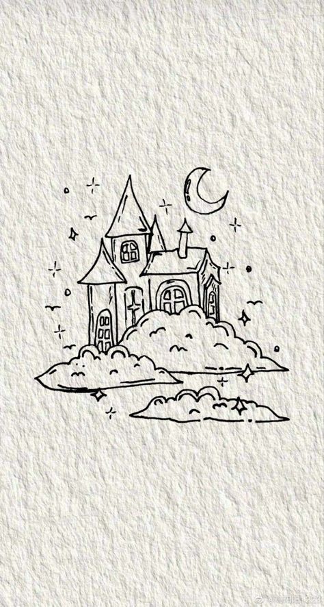 Castle On A Cloud Tattoo, Castle Tutorial Drawing, Simple Fantasy Sketches, Simple Sketch Aesthetic, Castle On Map Drawing, Pencil Sketch Wallpaper, Castle On Hill Drawing, Castle Drawing Tutorial, Easy Castle Sketch