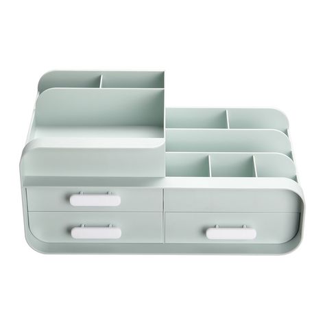 With this handy organizer by livingandhome, your desk stays tidy. Thanks to 3 large drawers and 9 compartments, all office materials find their place here and can be found quickly when you need them. Crafted with plastic material and thanks to the high-quality workmanship, the organizer is particularly durable and easy to maintain. Come ready to use, no assembly required. 17 Stories Colour: Green Sage Green Desk Accessories, Stationary Supplies Organization, Desk Organizer Ideas, Makeup Organisers, Makeup Storage Desk, Desk Organisers, Blue Room Decor, Stationary Organization, Desk Organiser