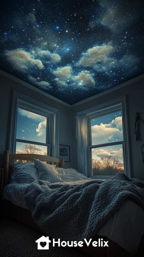 Night Sky Projection Updated Painted Night Sky Ceiling, Cloudy Bedroom, Night Sky Room, Night Sky Bedroom, Night Sky Ceiling, Moody Romantic Bedroom, Sky Room, Cloud Bedroom, Jewel Tones Palette