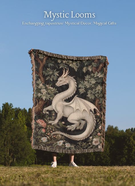 Dragon Tapestry, Medieval Tapestry, Woven Wall Hanging Welcome to Mystic Looms! I thank you for your interest in my art!  Explore six unique ways to display my mystical collection: Woven Blanket: Thick weaving and soft cotton yarn in three sizes, perfect as a cozy throw or tapestry. Sherpa Blanket: Hemmed edges and ultra-soft sherpa fleece, available in two sizes, ideal for warmth and comfort. Velveteen Blanket: Durable with double needle topstitching on all seams, in three sizes, combining styl Star Wars Tapestry, Woven Wall Tapestry, Dark Academia Diy, Medieval Decorations, Woven Tapestry Art, Victorian Tapestry, Dragon Tapestry, Western Dragon, Scandinavian Tapestry