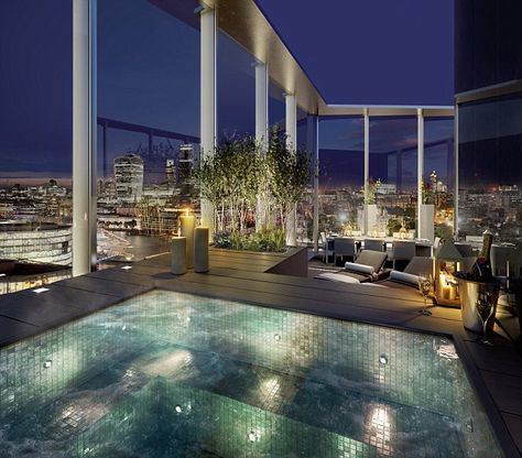 Luxury Apartment Pool, London Flats, Penthouse With Pool, Purple Room Decor, Apartment Pool, Luxury Mansions Interior, Classroom Wall Decor, Wall Decoration Ideas, Green Wall Decor