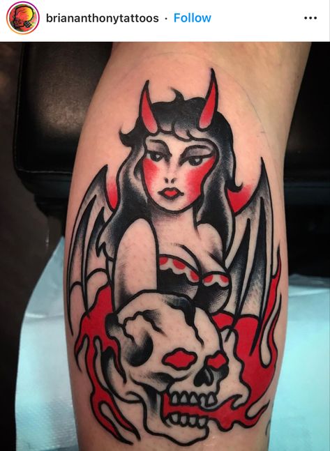 Succubus Pinup Tattoo, Nun Pinup Tattoo, Halloween Pinup Tattoo, Pinup Tattoo Halloween, American Traditional Horror Tattoo, Devil Pinup Tattoo, Evil Pinup Tattoo, Traditional Neck Tattoo, Gothic Traditional Tattoo