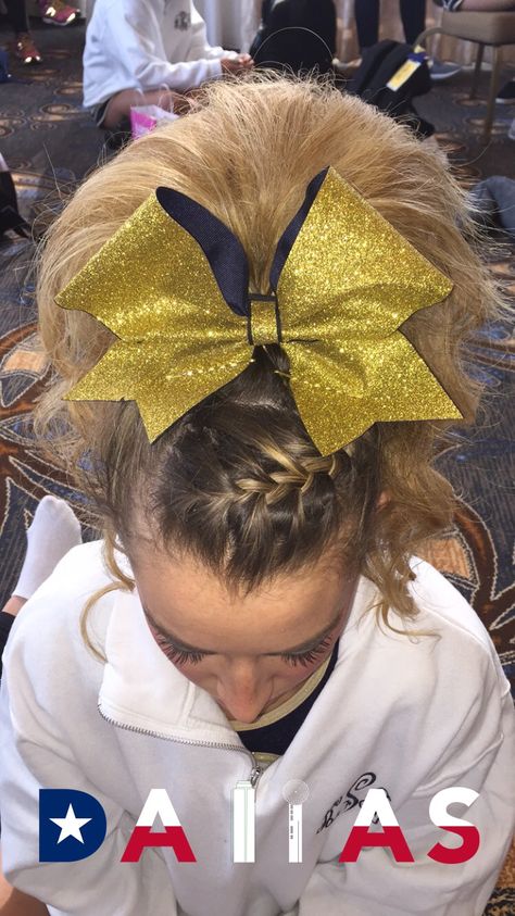 All Star Cheer Hair, Braid Into Low Ponytail Cheer, Comp Cheer Hair, Cheer Comp Hair High Pony, Cheer Competition Hair, Cheer Hair Poof, Cheer Ponytail With Bow, Cheer Tips, Gym Dance