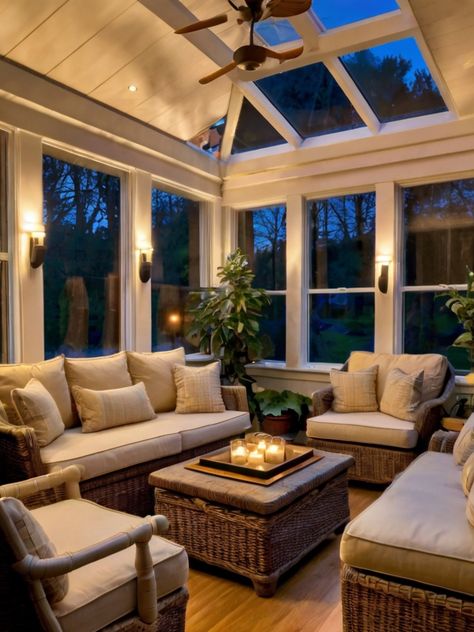 10 Cozy Sunroom Ideas: Bright, Airy and Cozy Space - Homezillo Sunroom Apartment, Sunroom Decoration Ideas, Dark Sunroom Ideas, Sunroom Next To Kitchen, Skylights Bedroom, Sunroom Farmhouse Style, Sunroom Front Porch, Sunroom Extension Off Living Room, Sunroom Attached To House