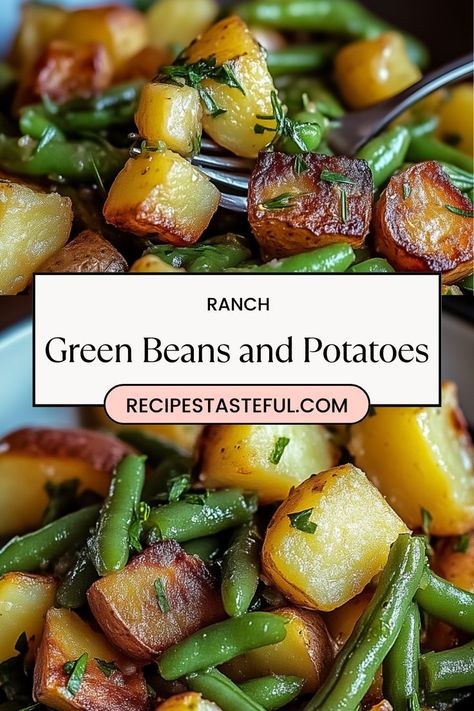 A flavorful and comforting side dish that combines fresh green beans, tender potatoes, crispy bacon, and aromatic herbs. Perfect for any meal! Green Bean With Potatoes Recipes, Country Green Beans And Potatoes, Fresh Green Beans And New Potatoes, Country Ranch Green Beans And Potatoes With Bacon, Country Ranch Green Beans And Potatoes, Green Bean And Potato Recipe, Green Beans And New Potatoes Recipe, Ham Potatoes And Green Beans, Green Beans And New Potatoes