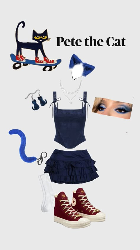 Cat Theme Outfit, One Person Costume Ideas, One Person Costume, Pete The Cat Halloween Costume, Non Basic Halloween Costumes, Halloween Costume Last Minute, Halloween Costume Makeup Ideas, Costume Last Minute, Pete The Cat Costume