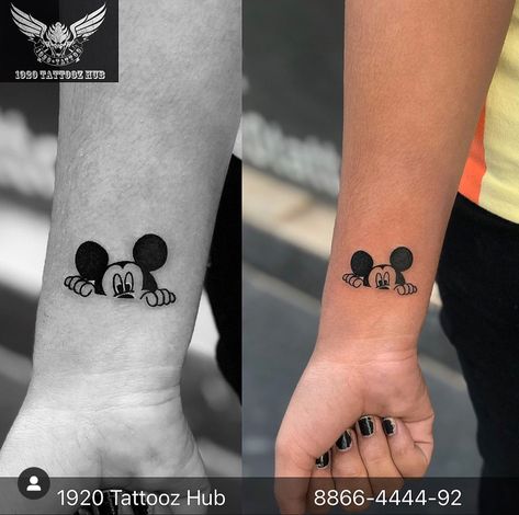 Cute Mickey Mouse Tattoo, Mickey Mouse Small Tattoo, Mickey Mouse Matching Tattoos, Tattoo Ideas Mickey Mouse, Disney Neck Tattoos, Tiny Mickey Mouse Tattoo, Mikey Mouse Tattoo, Mickey Mouse Tattoo For Men, Mickey Hands Tattoo