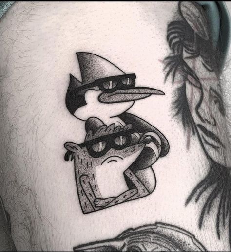 Rigby And Mordecai Tattoo, Regular Show Tattoo Ideas Simple, Mordecai And Rigby Tattoo Ideas, Cartoon Tattoo Ideas For Men, The Regular Show Tattoo, Regular Show Tattoo Simple, Tattoo Cartoon Characters, Cool Skeleton Tattoos, Regular Show Tattoo Ideas