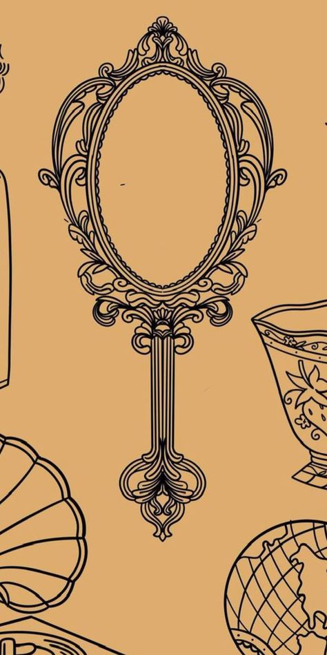 Handheld Mirror Drawing, Vintage Hand Mirror Tattoo, Hand Mirror Drawing, Mirror Tattoo Design, Vintage Mirror Tattoo, Mirror Tattoo, Mirror Vector, Mirror Tattoos, Mirror Drawings