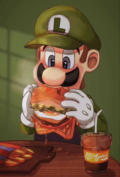 Luigi from Super Mario Bros. is eating a hamburger with lettuce, egg, cheese, beef, and tomato. The sauce is dripping off the side as Luigi takes a large bite. On the table in front of him is also fries and a beverage. Luigi Board, Luigi And Daisy, Luigi's Mansion 3, Mario Fan Art, Super Mario And Luigi, Nintendo Super Smash Bros, Mario Games, Mario Nintendo, Super Mario World