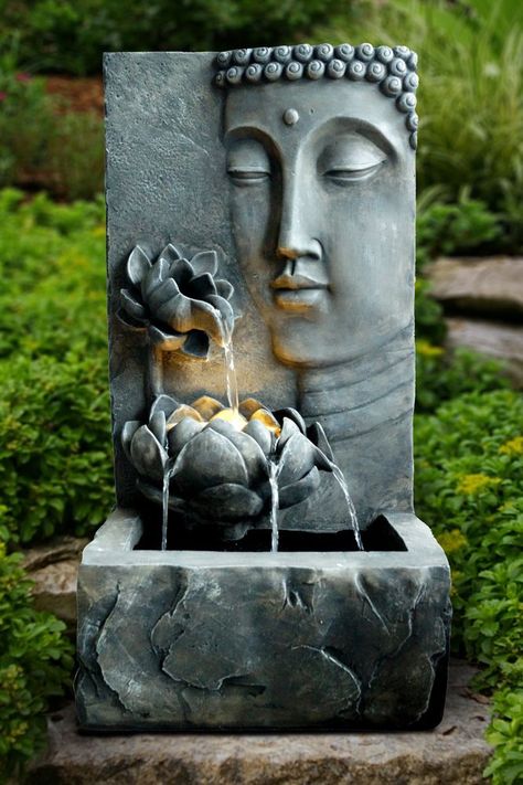 Jardin Zen Interior, Buddha Statue Garden, Bamboo Water Fountain, Deco Spa, Water Fountain For Home, Indoor Wall Fountains, Water Fountain Design, Taman Air, Indoor Water Features