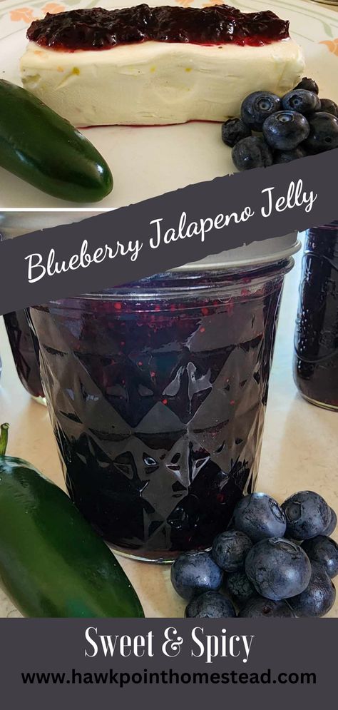 This sweet and spicy blueberry jalapeno jelly recipe is an easy recipe for making and canning such a delicious jelly. The blueberry jalapeno jelly wonderful to serve at any get-together. When paired with cream cheese and crackers, no one can resist! It can also be used as a delicious glaze on different meats, such as chicken and pork chops. Homemade jelly is such a great gift, especially this yummy pepper fruity jelly that can be used in so many delicious ways! Blackberry Jalapeno Jelly, Berry Pepper Jelly Recipe, Blueberry Pepper Jelly, Blueberry Pepper Jam, Blueberry Hot Pepper Jelly, Blueberry Jams And Jellies, Blackberry Pepper Jelly, Blackberry Jalapeno Jam Jelly Recipes, Sweet And Spicy Jam