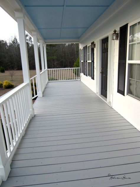 You've seen our new roof, the Haint Blue Ceiling of the porch and today I'd like to show you the new porch/decking.  I finally picked out a color of stain with much thought.   It has been a few years since we stained the porch and it needed it badly.   This is how the flooring looked from a few years of use without cleaning or staining.   Here we have our wonderful painters Wendell on the left and Earl on the right cleaning and preparing the porch for the stain.   Wow it was such a pre… Gray Porch Floor Paint, Front Porch Southern, Porch Floors, Ceiling Colors, Deck Paint Colors, Deck Stains, Deck Staining, Grey Deck, Deck Stain