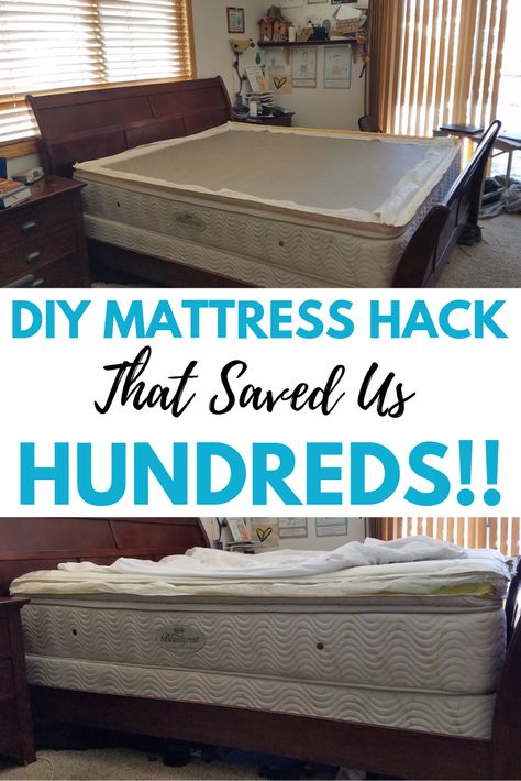 This DIY mattress hack saved us hundreds! Our pillow top mattress was so worn down and we were able to avoid buying a new bed with this DIY mattress topper.  Sleep is so important. Before you buy a new mattress, check out this DIY mattress hack. It only took us 15 minutes and our bed feels brand new! #diymattress #pillowtopmattress #diybedmattress #mattresstopperdiy #diymattresstopper via @moneywisesteward Diy Mattress Topper, Sagging Mattress, Diy Mattress, New Mattress, Natural Latex Mattress, Soft Mattress, Latex Mattress, Pillow Top Mattress, Firm Mattress