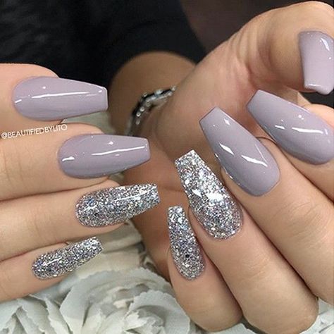 REPOST - -  - - Lilac-Grey and Glitter on Coffin Nails  - -  - -  Picture and Nail Design by @beautifiedbylito  Follow her for more gorgeous nail art designs!  @beautifiedbylito @beautifiedbylito - -  - - Products used: @semilac UV Hybrid Gel Polish "Little Stone" Glitter (custom mixed) - -  - - #coffinnails Grey Nail, New Years Eve Nails, Fall Acrylic Nails, Christmas Nails Acrylic, Super Nails, Acrylic Nails Coffin, Nail Polishes, Gorgeous Nails, Cute Acrylic Nails