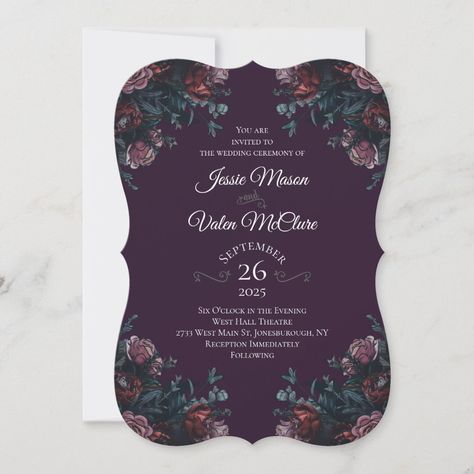 Dark Purple Floral Elegant Wedding Invitation Size: 5" x 7". Gender: unisex. Age Group: adult. Material: Semi-Gloss. Gothic Elegant Wedding, Emerald Green Wedding Dress, Navy Blue Wedding Dress, Dark Wedding Invitations, Wedding Maroon, Purple Invitations, Green Wedding Dresses, Purple Wedding Dress, Maroon Wedding