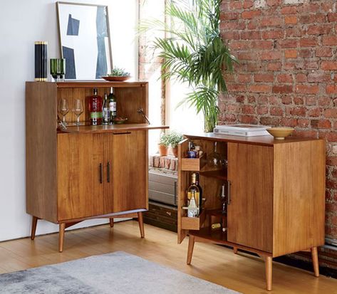 Mid-Century Bar Cabinets at West Elm Retro Cabinets, Mid Century Bar Cabinet, Bar Mini, Modern Home Bar, Mid Century Bar, Bar Essentials, Home Bar Furniture, Bar Cart Decor, Mini Bars