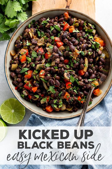 This spicy black beans recipe is so easy and versatile! They're simple to make in one skillet and make the perfect Mexican side dish, or a delicious filling for tacos or quesadillas. #blackbeans #texmex Spicy Black Beans Recipe, Black Bean Recipe, Spicy Black Beans, Mexican Side Dish, Taco Side Dishes, Mexican Side, Lime Rice Recipes, Mexican Corn Salad, Corn Side Dish