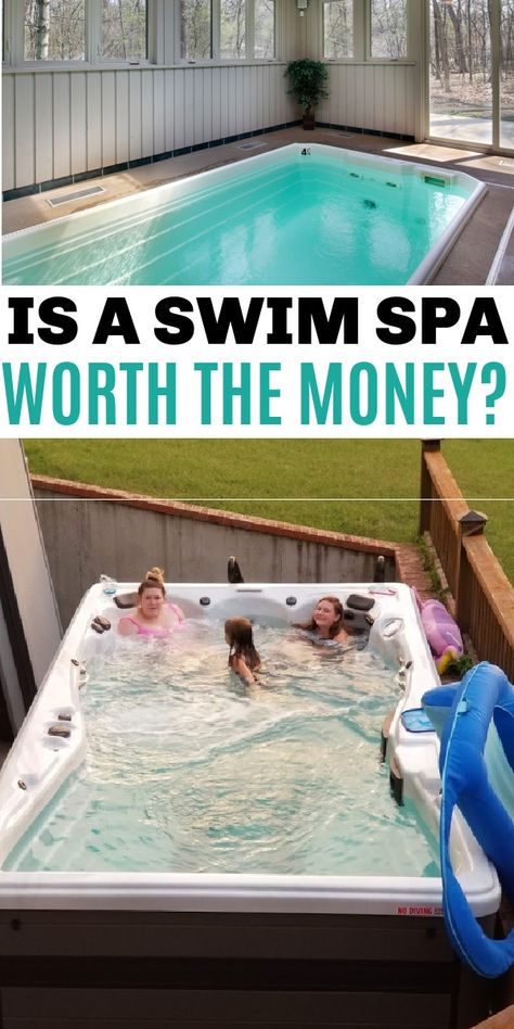 Is a Swim Spa Worth the Money - Life is Sweeter By Design Swim Spas Backyard Ideas, Patio With Swim Spa, Jacuzzi Swimming Pool, Swimming Hot Tubs, Swim Spa Small Backyard Ideas, Outdoor Swim Spa Area Ideas, Swim Spa Landscaping Backyard, Spa Pool Landscaping Ideas, Spa Outdoor Landscaping